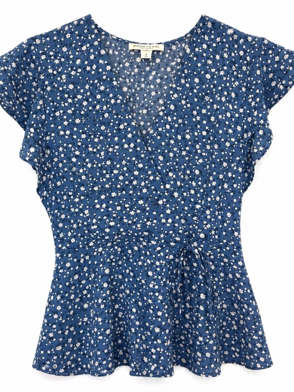 Monteau Los Angeles Blue Floral Mock Wrap Blouse | Short Sleeve Small